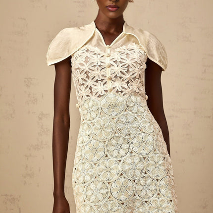 Zaylee White Organza Mini Dress with Floral Embroidery and Buttons