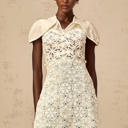 Zaylee White Organza Mini Dress with Floral Embroidery and Buttons