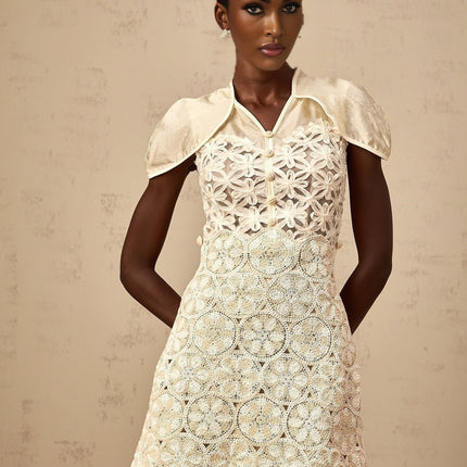 Zaylee White Organza Mini Dress with Floral Embroidery and Buttons
