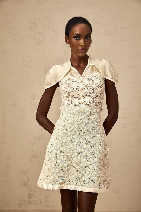 Zaylee White Organza Mini Dress with Floral Embroidery and Buttons