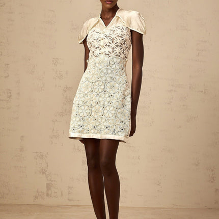 Zaylee White Organza Mini Dress with Floral Embroidery and Buttons