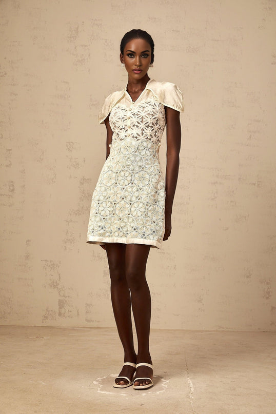Zaylee White Organza Mini Dress with Floral Embroidery and Buttons