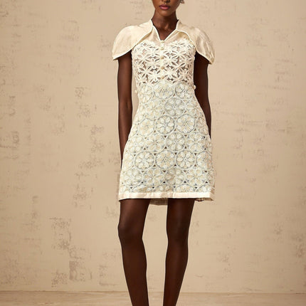 Zaylee White Organza Mini Dress with Floral Embroidery and Buttons