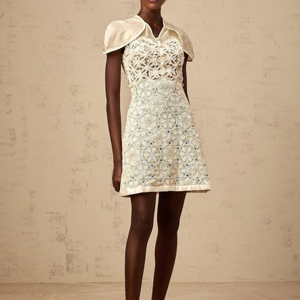 Zaylee White Organza Mini Dress with Floral Embroidery and Buttons