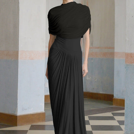 Zelda Black Maxi Dress with Asymmetric Pleated Design and Shawl Collar