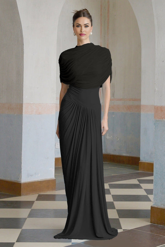 Zelda Black Maxi Dress with Asymmetric Pleated Design and Shawl Collar