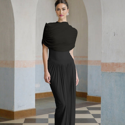 Zelda Black Maxi Dress with Asymmetric Pleated Design and Shawl Collar