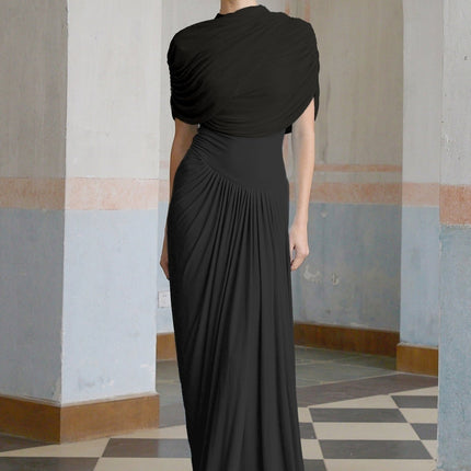 Zelda Black Maxi Dress with Asymmetric Pleated Design and Shawl Collar