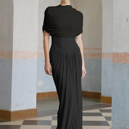 Zelda Black Maxi Dress with Asymmetric Pleated Design