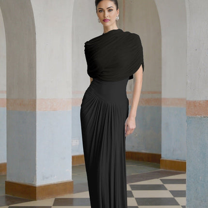 Zelda Black Maxi Dress with Asymmetric Pleated Design and Shawl Collar