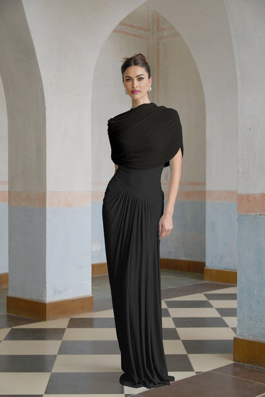 Zelda Black Maxi Dress with Asymmetric Pleated Design and Shawl Collar