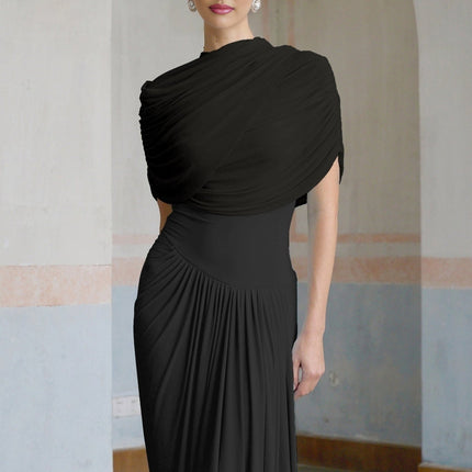 Zelda Black Maxi Dress with Asymmetric Pleated Design and Shawl Collar