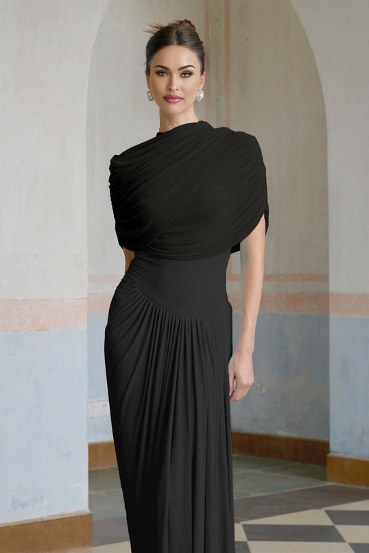 Zelda Black Maxi Dress with Asymmetric Pleated Design and Shawl Collar