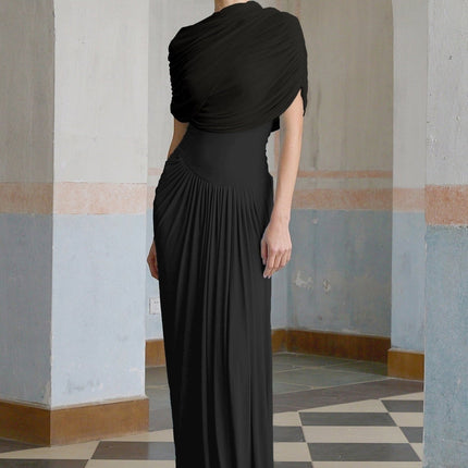 Zelda Black Maxi Dress with Asymmetric Pleated Design and Draped Detailing