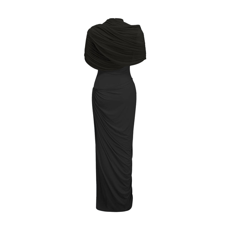 Zelda Black Maxi Dress with Asymmetric Pleated Design and Shawl Collar