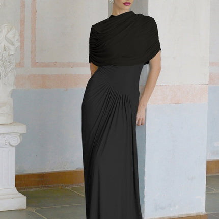 Zelda Black Maxi Dress with Asymmetric Pleated Design and Draped Detailing