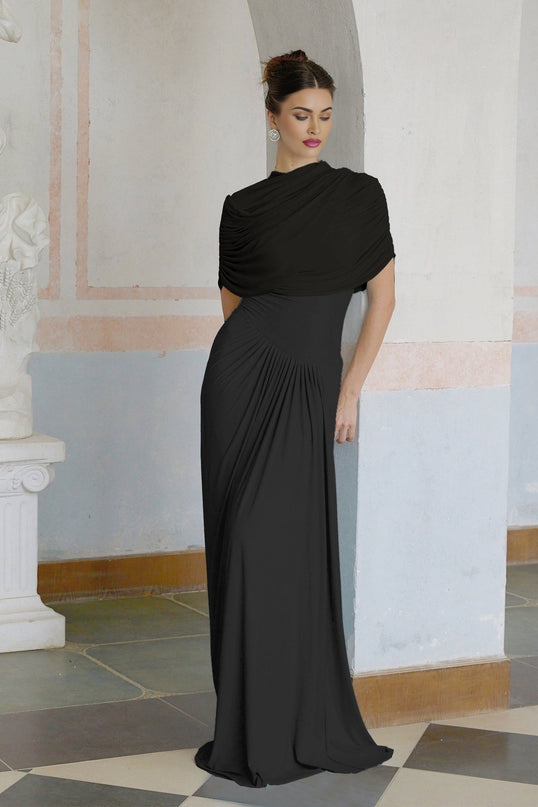 Zelda Black Maxi Dress with Asymmetric Pleated Design and Draped Detailing
