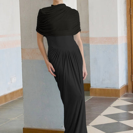 Zelda Black Maxi Dress with Asymmetric Pleated Design and Draped Detailing