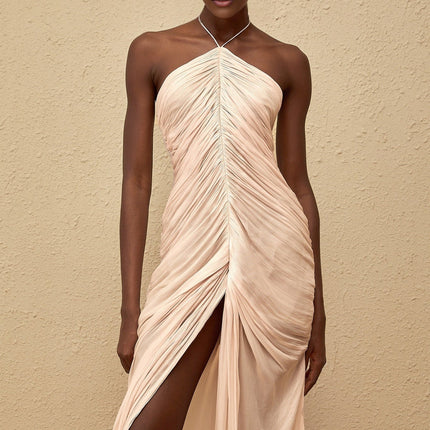 Zelda Pink Halterneck Ruched Maxi Dress