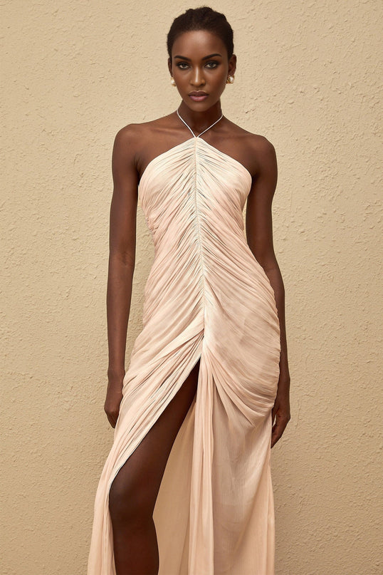 Zelda Pink Halterneck Ruched Maxi Dress