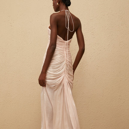 Zelda Pink Maxi Dress Halterneck Ruched Detailing Front Slit Sleeveless Luxurious Terylene Fiber Composition