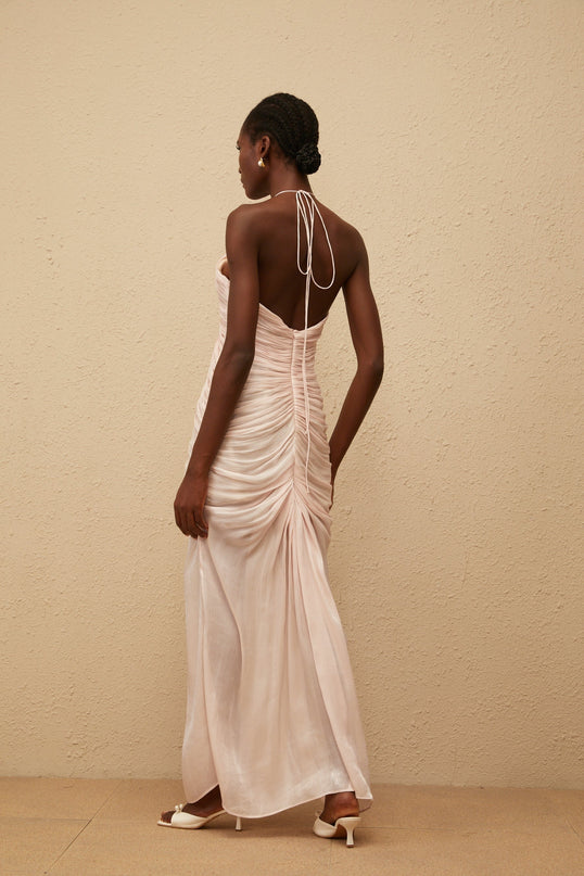 Zelda Pink Maxi Dress Halterneck Ruched Detailing Front Slit Sleeveless Luxurious Terylene Fiber Composition