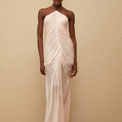 Zelda Pink Maxi Dress Halterneck Ruched Front Slit Sleeveless Luxury Terylene Fiber Composition Glamour