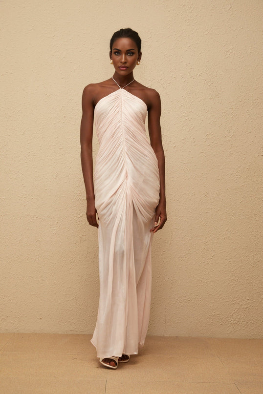 Zelda Pink Maxi Dress Halterneck Ruched Front Slit Sleeveless Luxury Terylene Fiber Composition Glamour