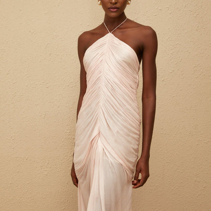 Zelda Pink Maxi Dress Halterneck Ruched Front Slit Sleeveless Luxury Terylene Fiber Composition