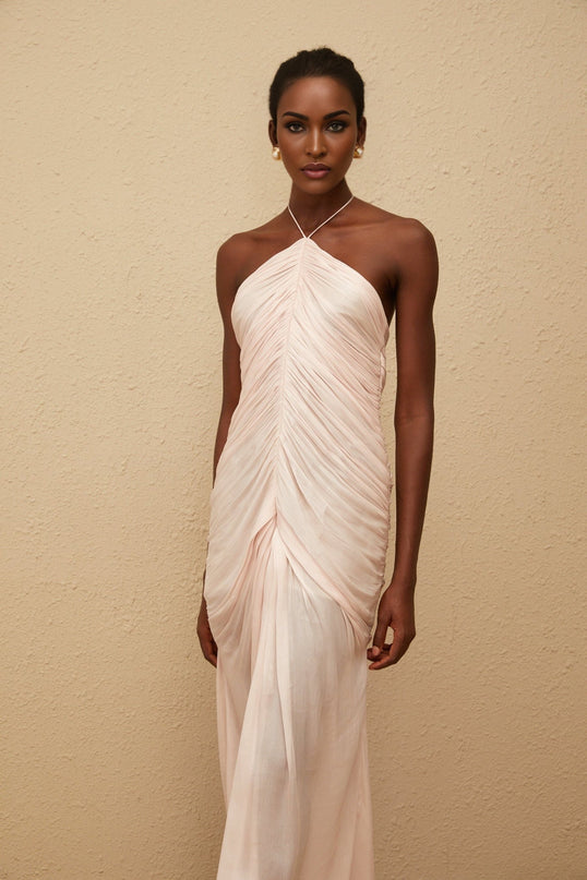 Zelda Pink Maxi Dress Halterneck Ruched Front Slit Sleeveless Luxury Terylene Fiber Composition