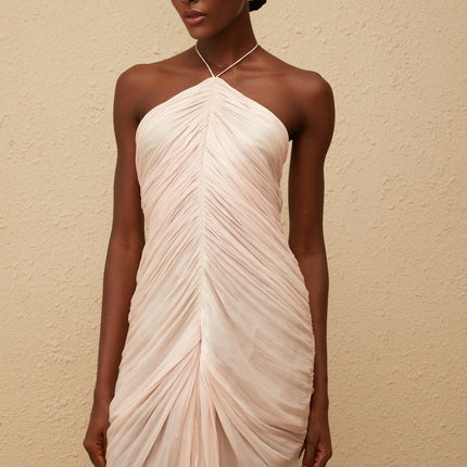Zelda Pink Halterneck Maxi Dress with Ruched Detailing and Front Slit