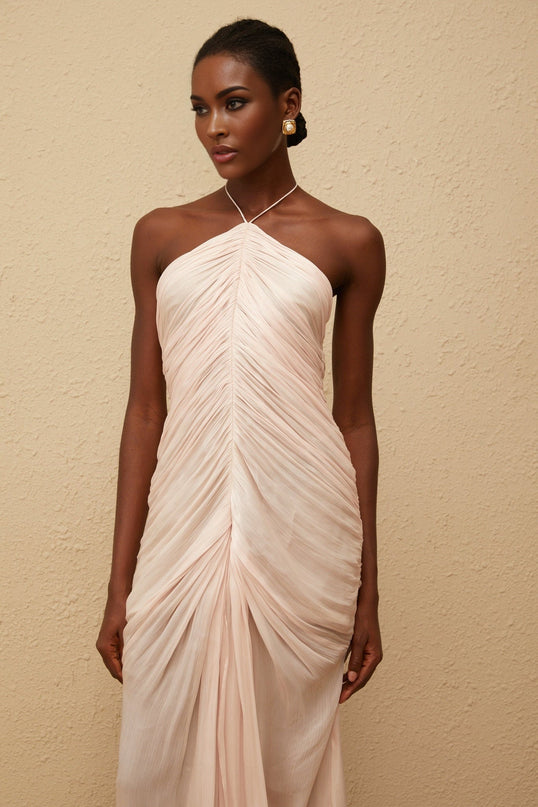 Zelda Pink Halterneck Maxi Dress with Ruched Detailing and Front Slit