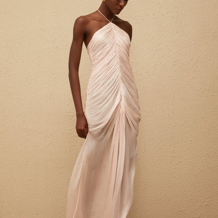 Zelda Pink Maxi Dress Halterneck Ruched Front Slit Terylene Fiber Luxury Grace