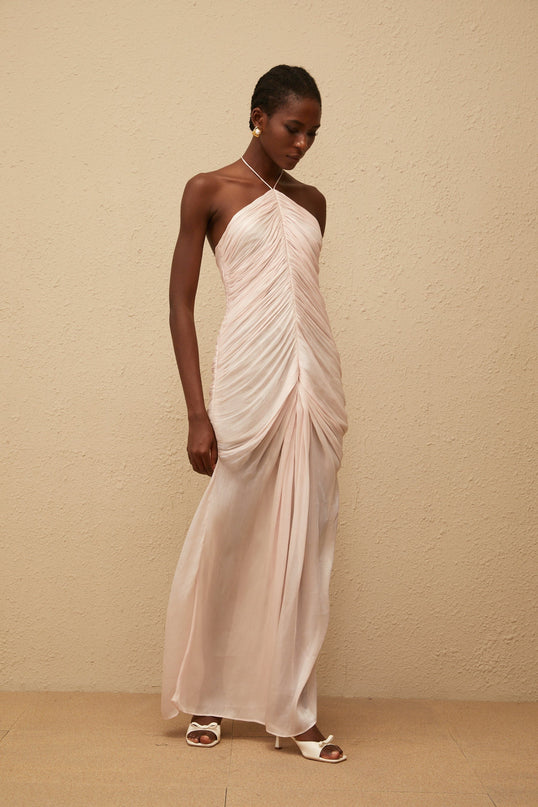 Zelda Pink Maxi Dress Halterneck Ruched Front Slit Terylene Fiber Luxury Grace