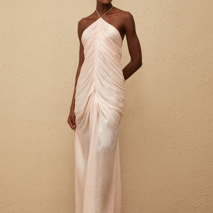 Zelda Pink Maxi Dress with Halterneck Design and Ruched Detailing