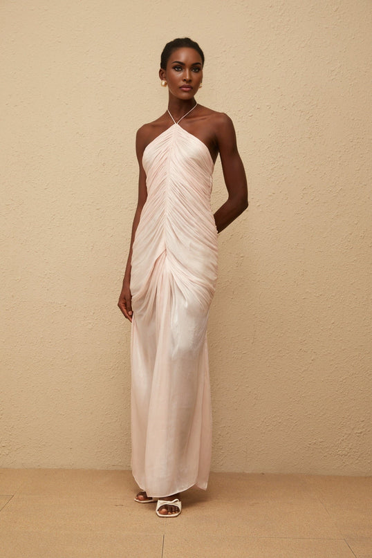 Zelda Pink Maxi Dress with Halterneck Design and Ruched Detailing