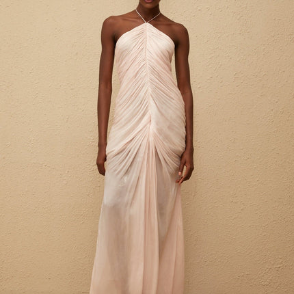 Zelda Pink Maxi Dress Halterneck Ruched Detailing Front Slit Sleeveless Rear Zip Fastening Luxurious Terylene Fiber Composition
