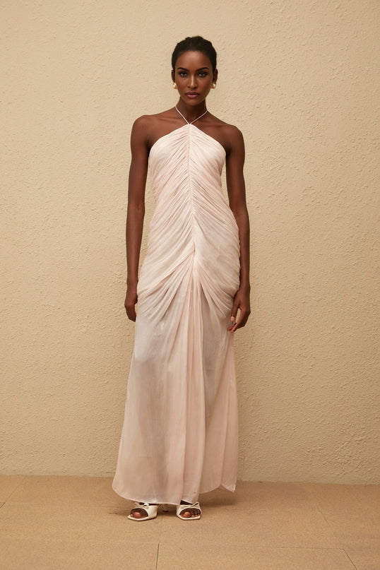 Zelda Pink Maxi Dress Halterneck Ruched Detailing Front Slit Sleeveless Rear Zip Fastening Luxurious Terylene Fiber Composition