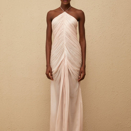 Zelda Pink Maxi Dress with Halterneck Design and Ruched Detailing
