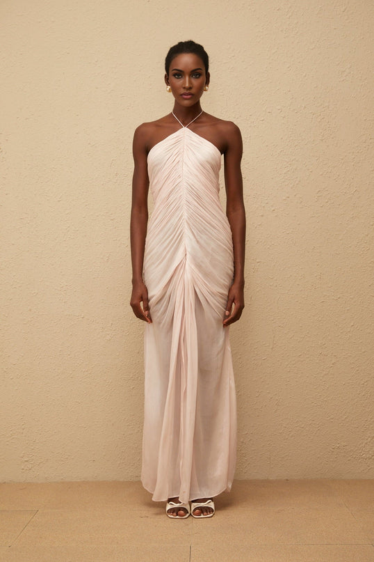 Zelda Pink Maxi Dress with Halterneck Design and Ruched Detailing