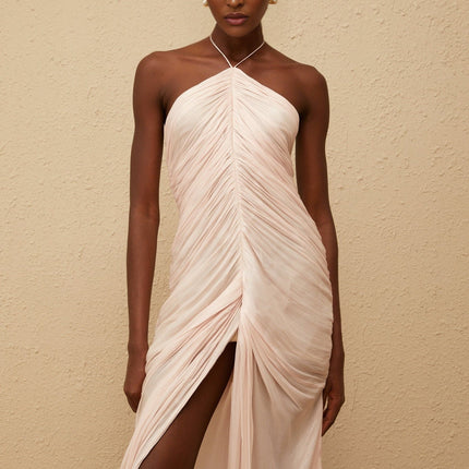 Zelda Pink Maxi Dress Halterneck Ruched Detailing Front Slit Sleeveless Luxury Terylene Fiber Composition