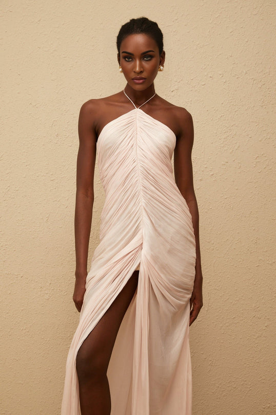 Zelda Pink Maxi Dress Halterneck Ruched Detailing Front Slit Sleeveless Luxury Terylene Fiber Composition