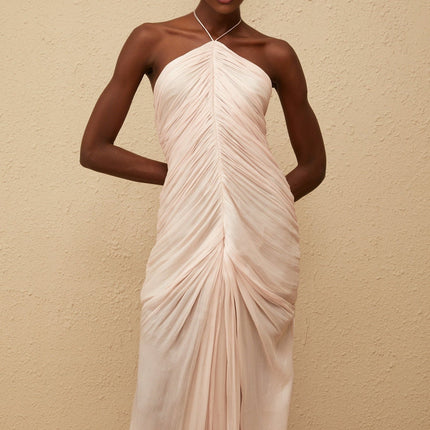 Zelda Pink Maxi Dress with Halterneck Design and Ruched Detailing