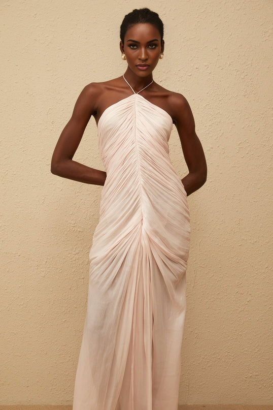 Zelda Pink Maxi Dress with Halterneck Design and Ruched Detailing