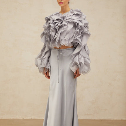 Zelda Ruffled Bowknot Blouse & Skirt Set in Blue