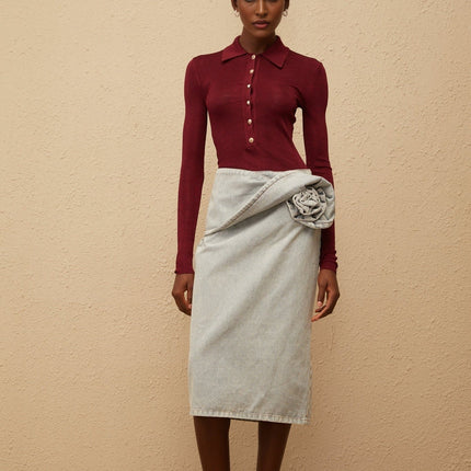 Zélie Blue Floral Appliqué Denim Midi Skirt