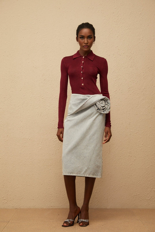 Zélie Blue Floral Appliqué Denim Midi Skirt