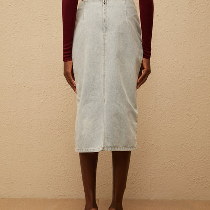 Zélie Blue Floral Appliqué Denim Midi Skirt
