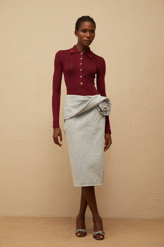 Zélie Blue Floral Appliqué Denim Midi Skirt