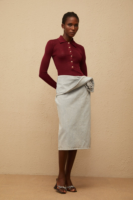 Zélie Blue Floral Appliqué Denim Midi Skirt